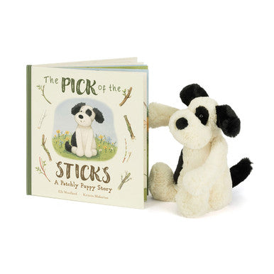 Jellycat Picture Book The Pick of the Sticks Book and Bashful Black and Cream Puppy
