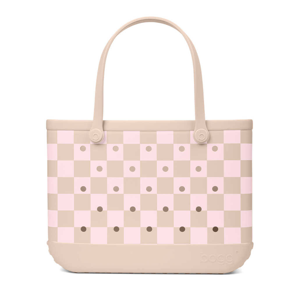 Large Washable Tote Bag Checkered Linen/ Pink Marshmallow for Poolside Essentials