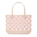 Large Washable Tote Bag Checkered Linen/ Pink Marshmallow for Poolside Essentials