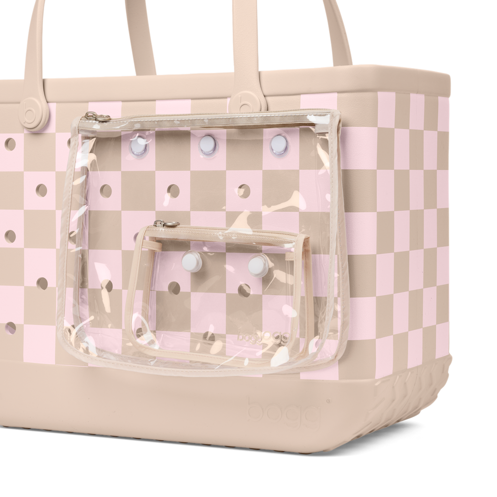 Large Washable Tote Bag Checkered Linen/ Pink Marshmallow for Poolside Essentials