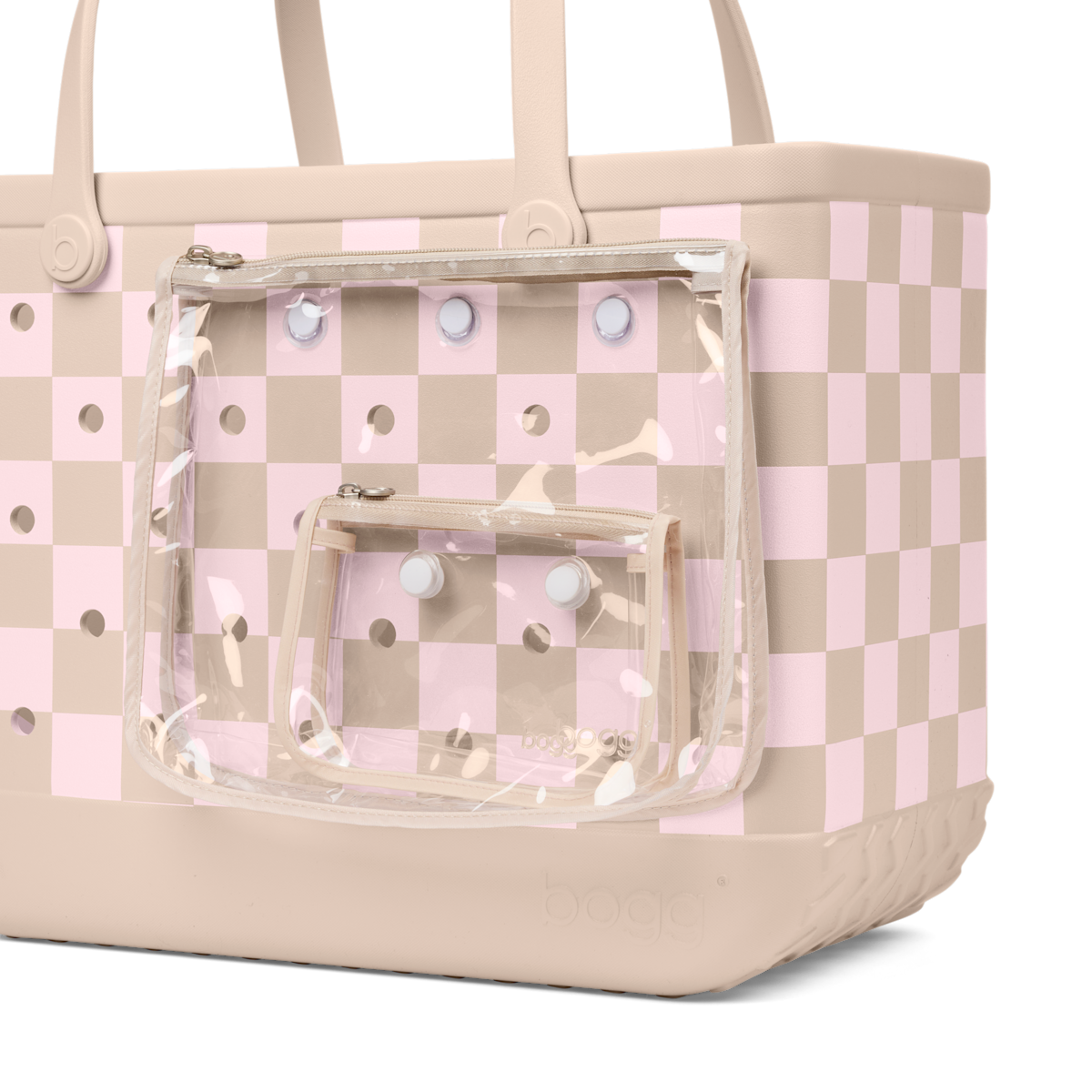 Large Washable Tote Bag Checkered Linen/ Pink Marshmallow for Poolside Essentials