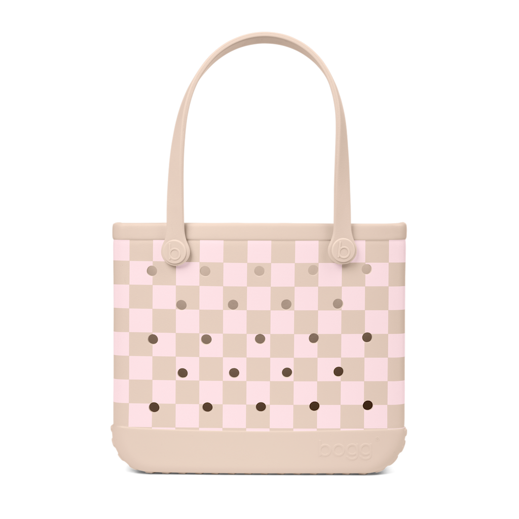 Medium Washable Tote Bag Checkered Linen/ Pink Marshmallow for Poolside Essentials