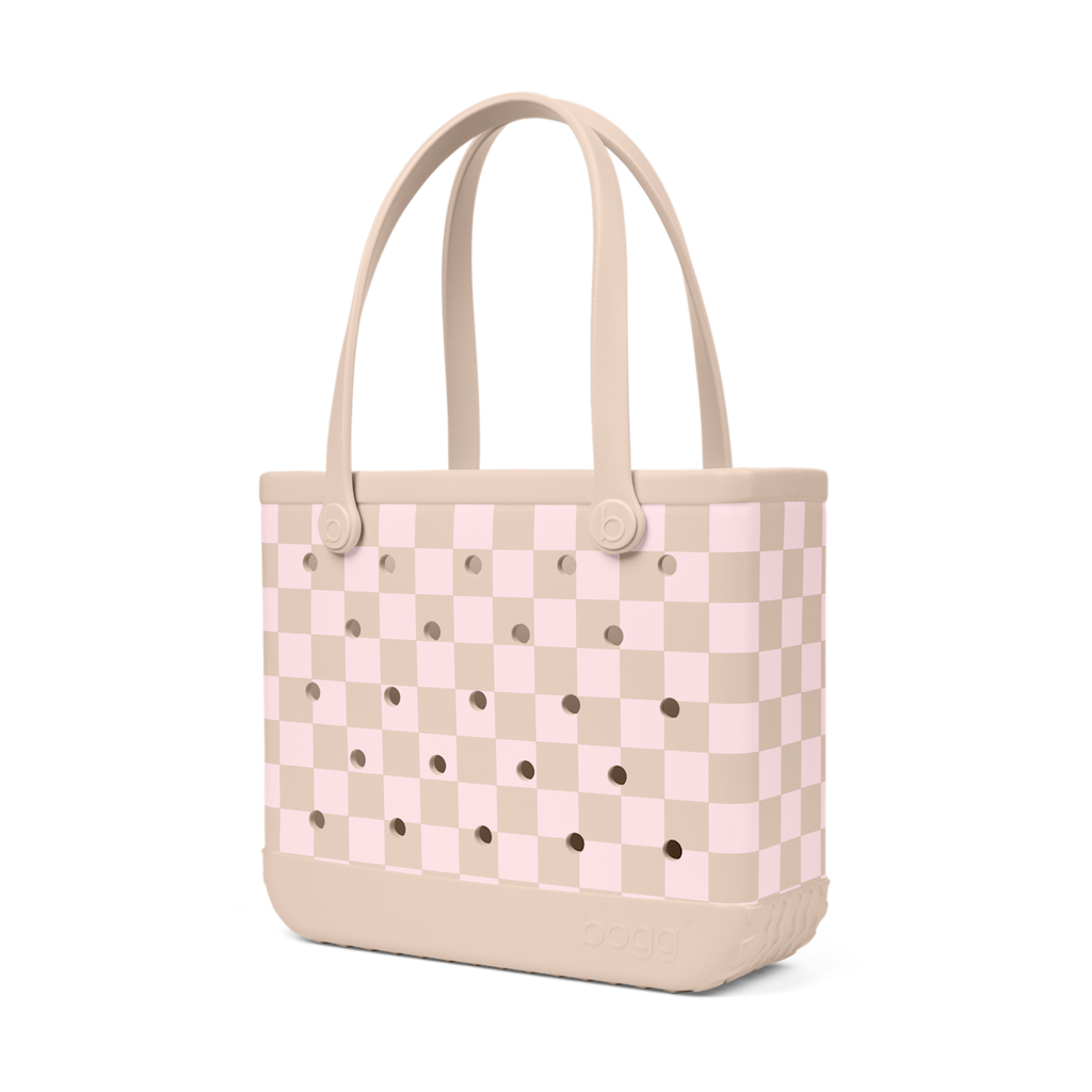 Medium Washable Tote Bag Checkered Linen/ Pink Marshmallow for Poolside Essentials