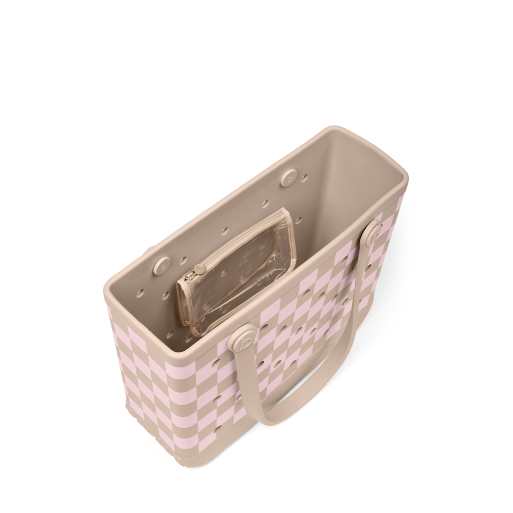 Medium Washable Tote Bag Checkered Linen/ Pink Marshmallow for Poolside Essentials