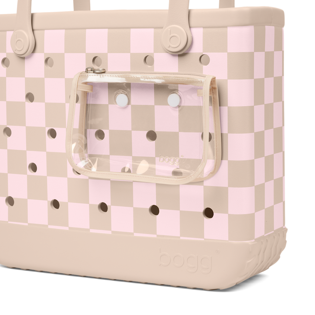 Medium Washable Tote Bag Checkered Linen/ Pink Marshmallow for Poolside Essentials